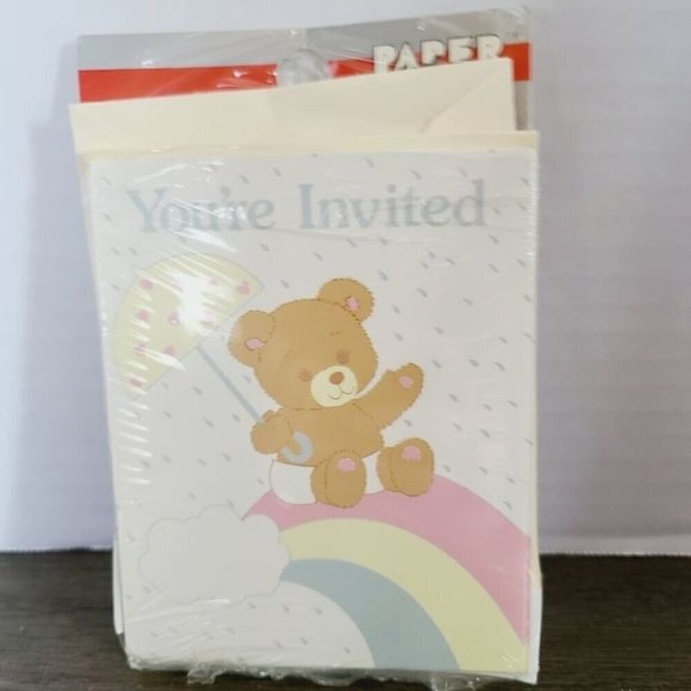 Vintage 80s 90s Paper Art Company Cute Kawaii Pastel Teddy Bear Invitations